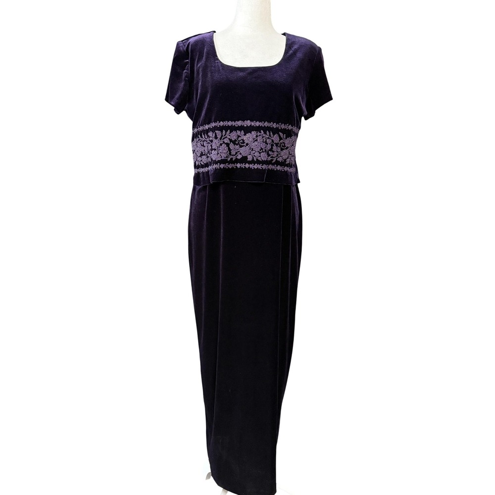 Nina Piccalino Dress Womens 12 Purple Velvet Maxi Evening Beaded Waist Made‎ USA